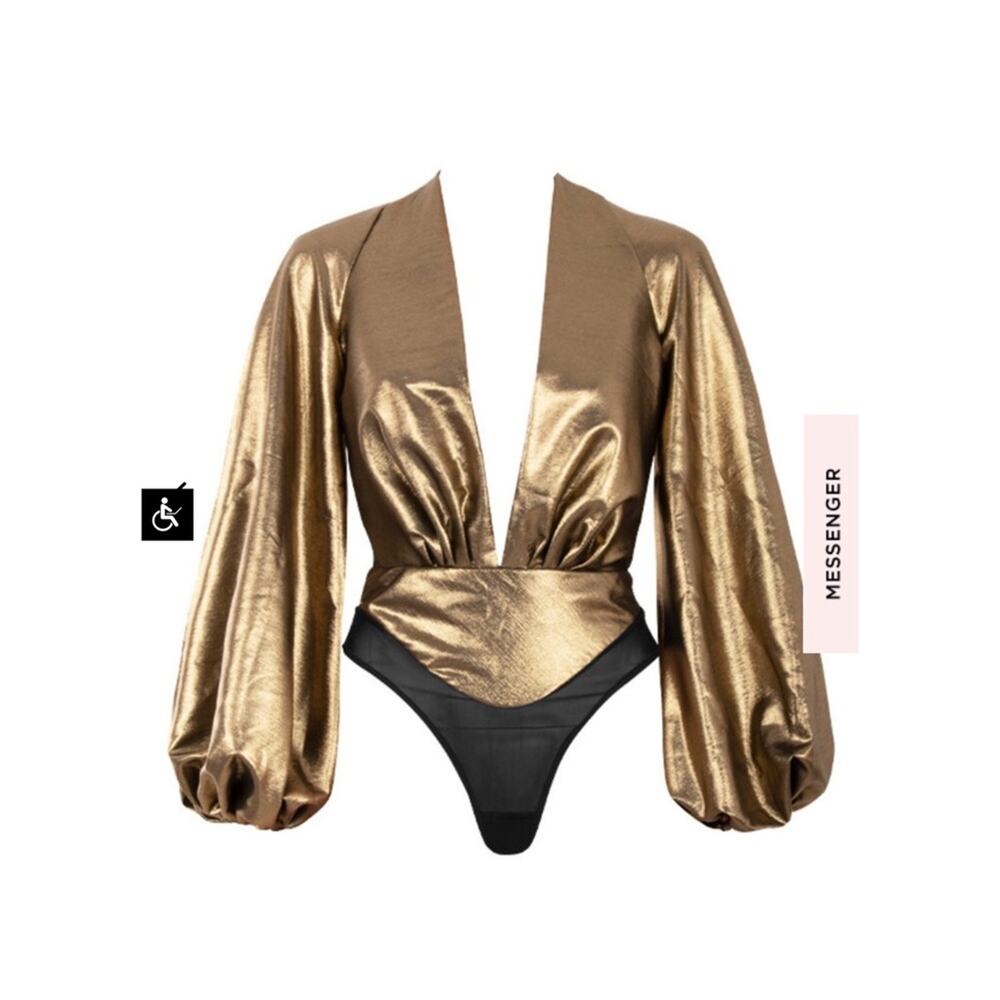 HOUSE OF CB/ Vittoria Metallic Liquid Gold Balloon Sleeve Thong Sexy Bodysuit